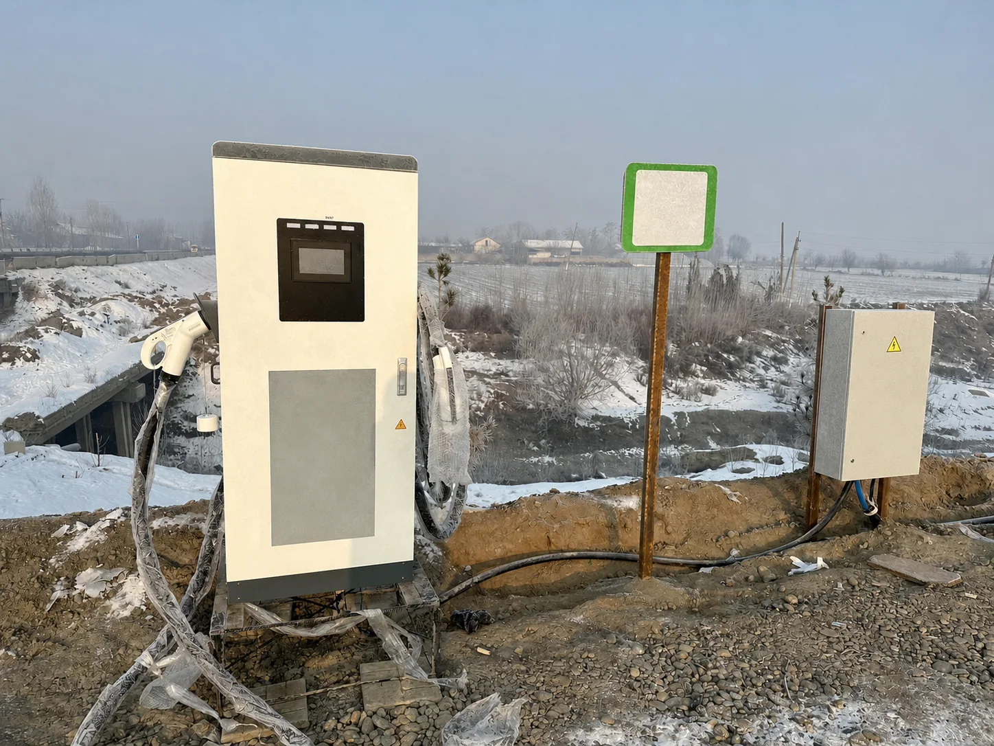 EV charger installed in a cold outdoor roadside environment