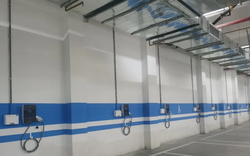 Commercial property parking area with multiple EV charging positions